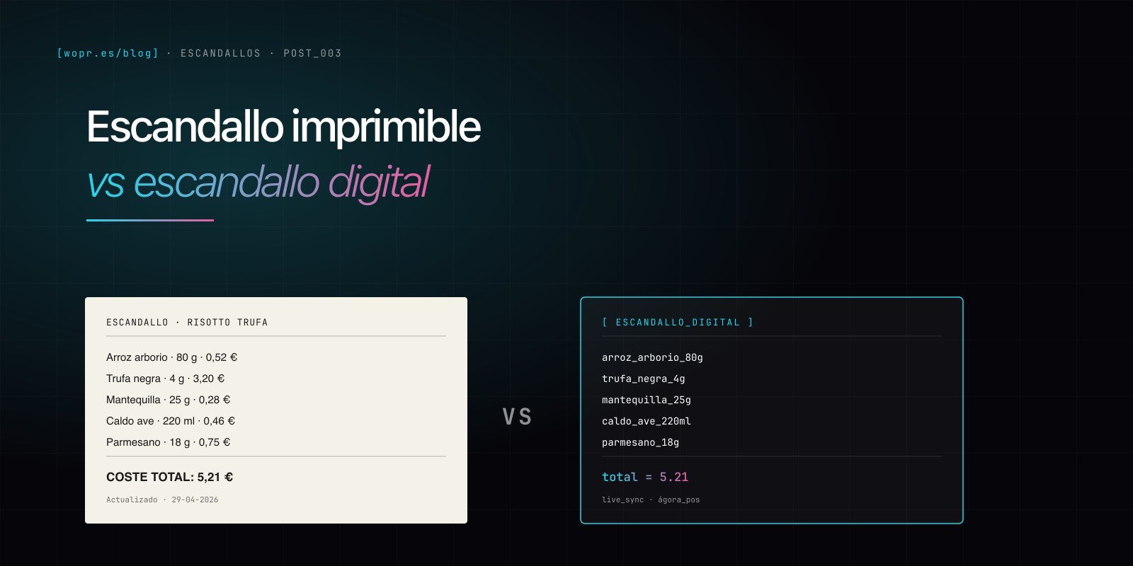Comparativa visual escandallo en papel a la izquierda y mismo escandallo en pantalla a la derecha, con costes idénticos en paleta cian-magenta WOPR